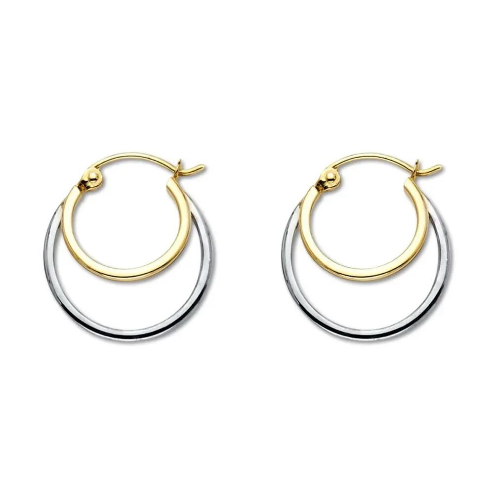 14K Solid Two-Tone Gold Hollow Hoop Earrings Double Line 18mm Hoops